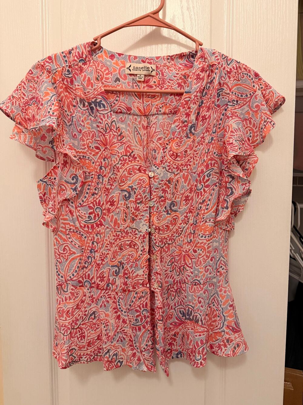 Nanette Lepore Coral Paisley Ruffle Sleeve Blouse Size S